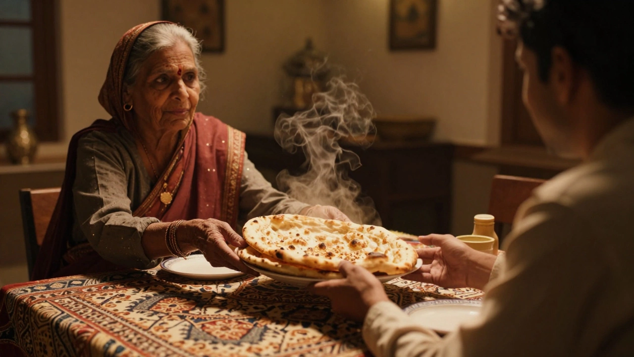Woman offering food to guest in warm home setting showing hospitality ritual