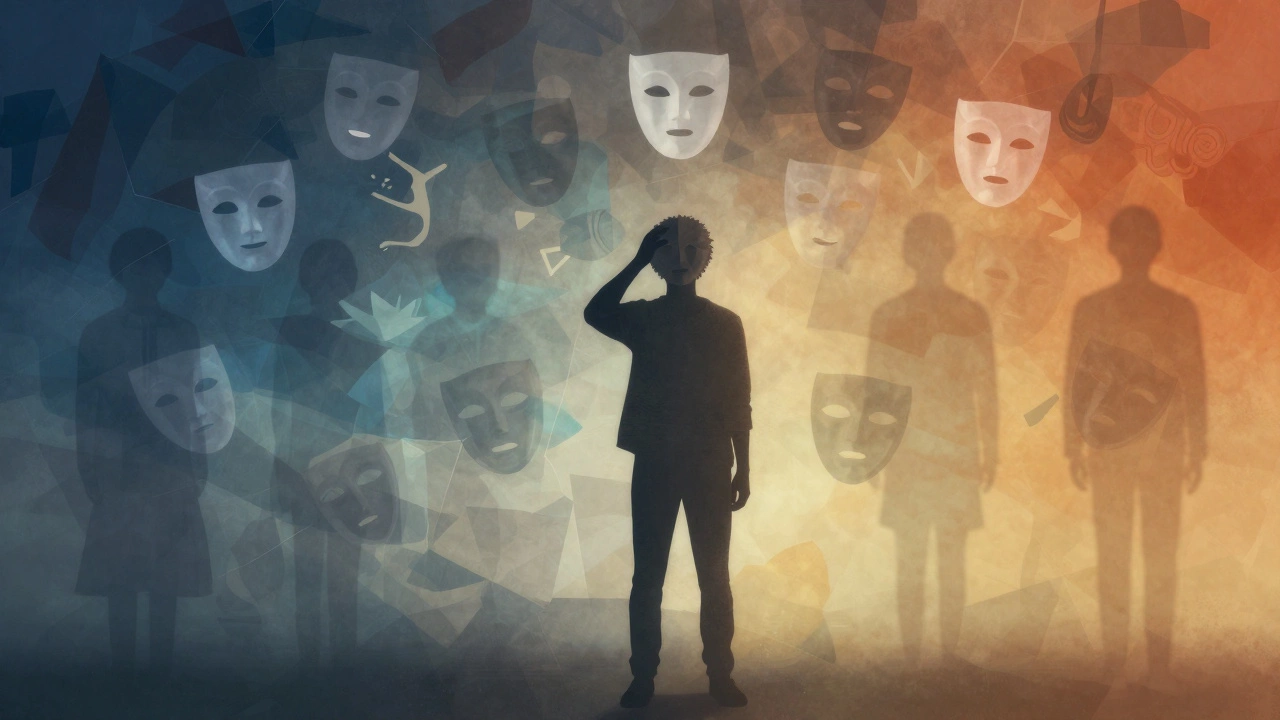 Young person surrounded by floating masks, illustrating identity formation and growth.