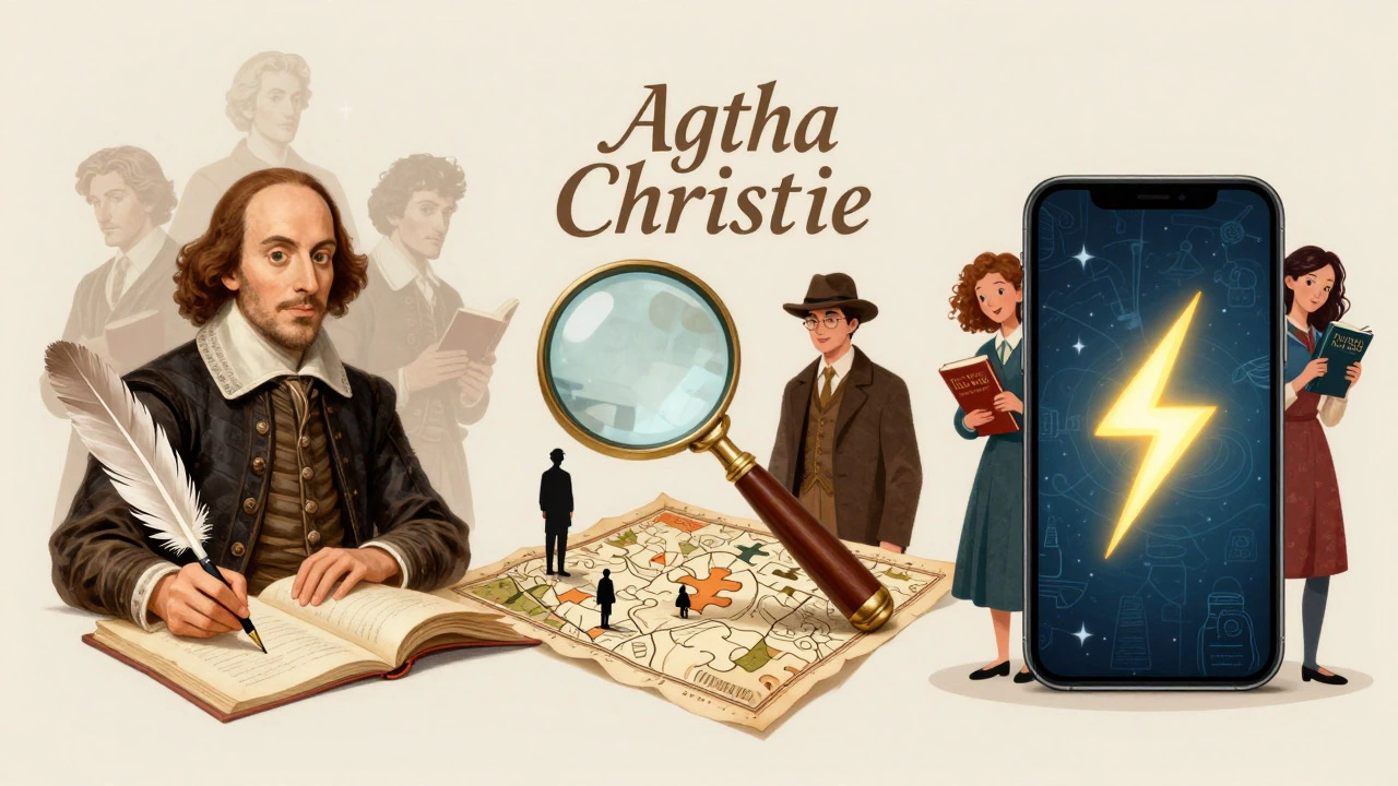 Artistic split view of Shakespeare, Christie, and Rowling themes
