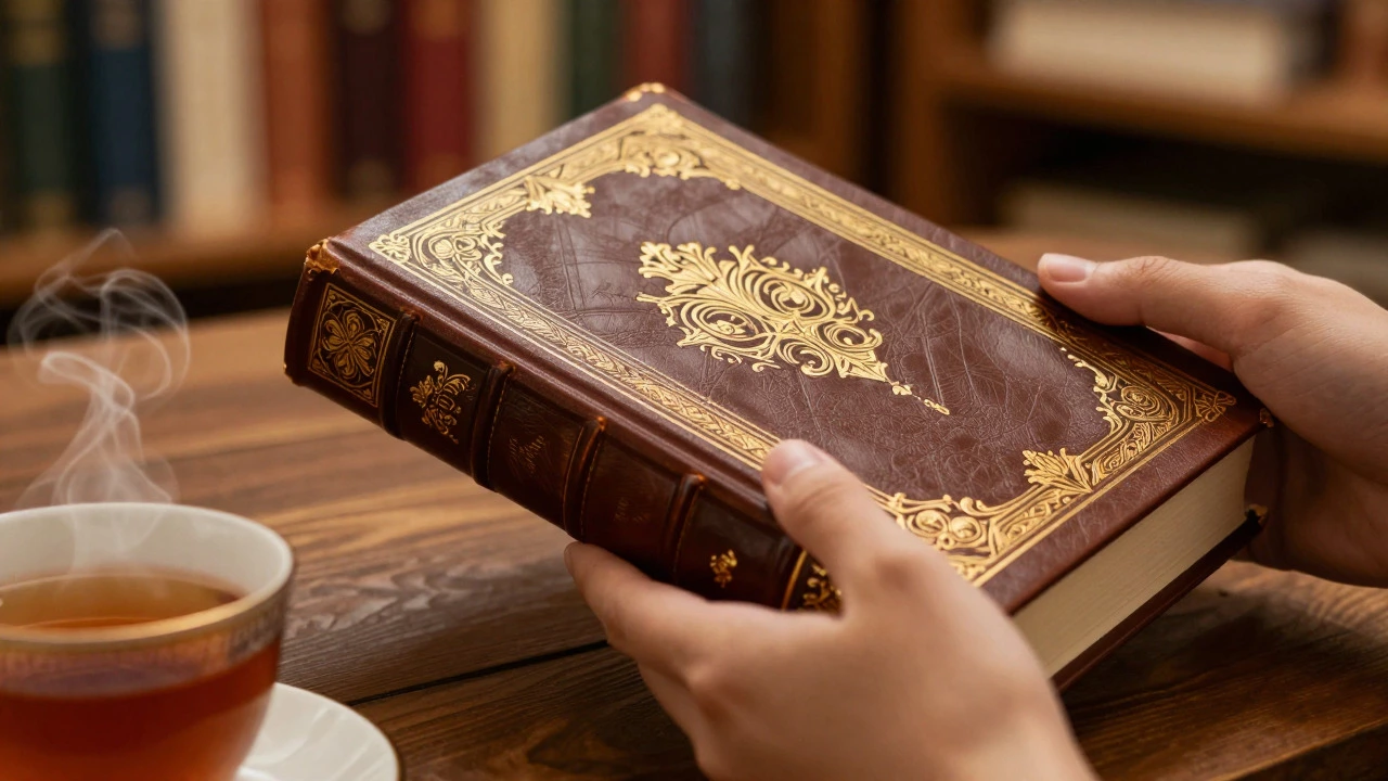 Close up of a hand holding an ornate leather-bound fantasy novel