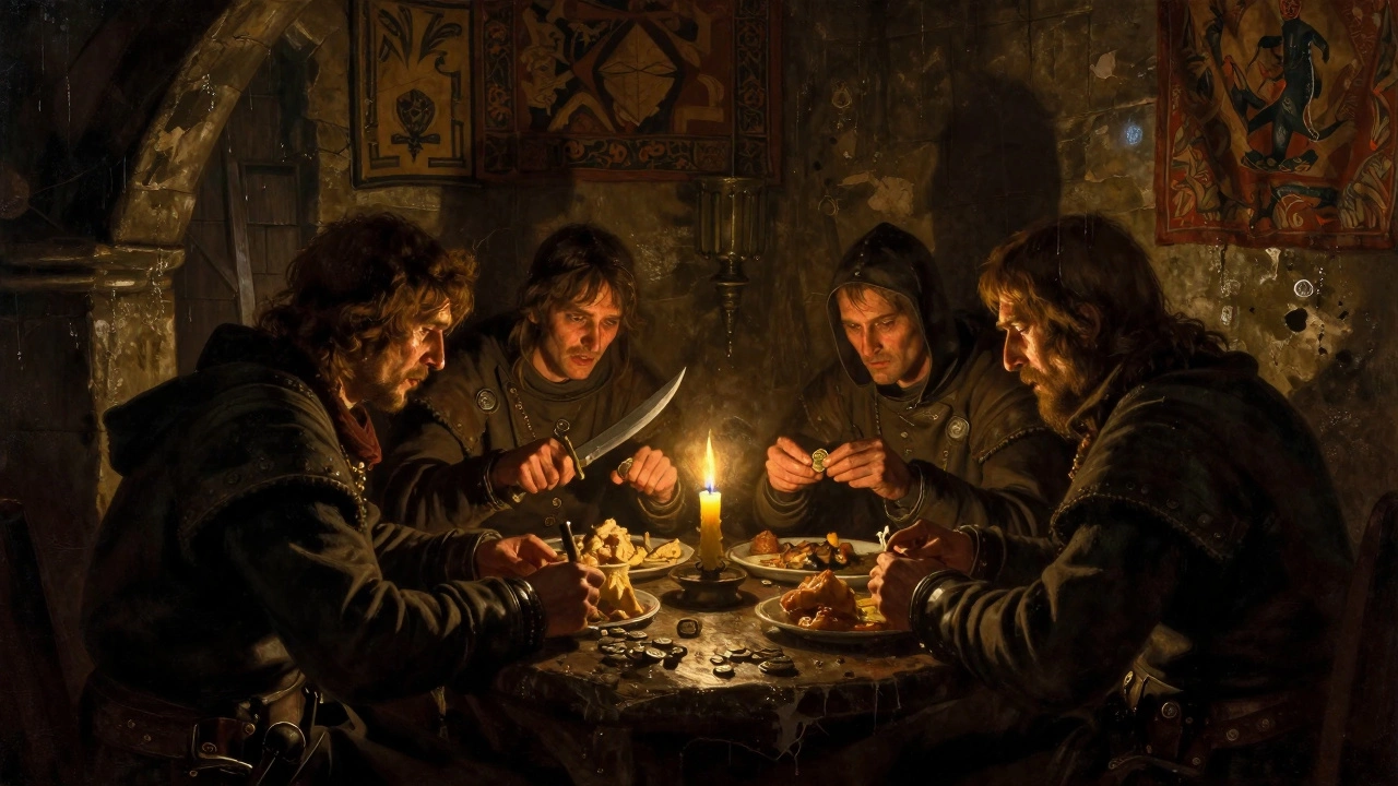 Cynical mercenaries sharing a meager meal in a damp, dark castle hall