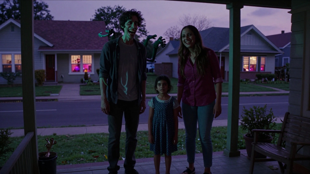 Distorted family on a suburban porch with carnival reflections