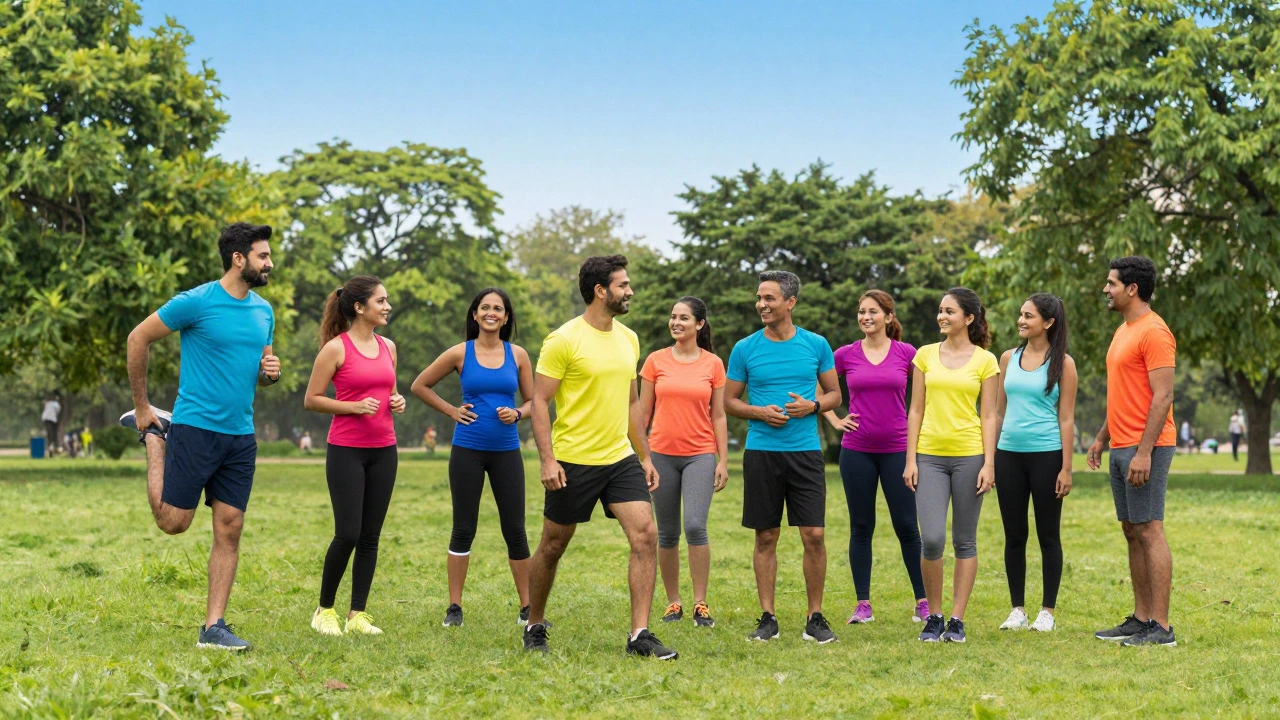 Diverse group exercising and socializing happily in a sunny green park, symbolizing resilience.