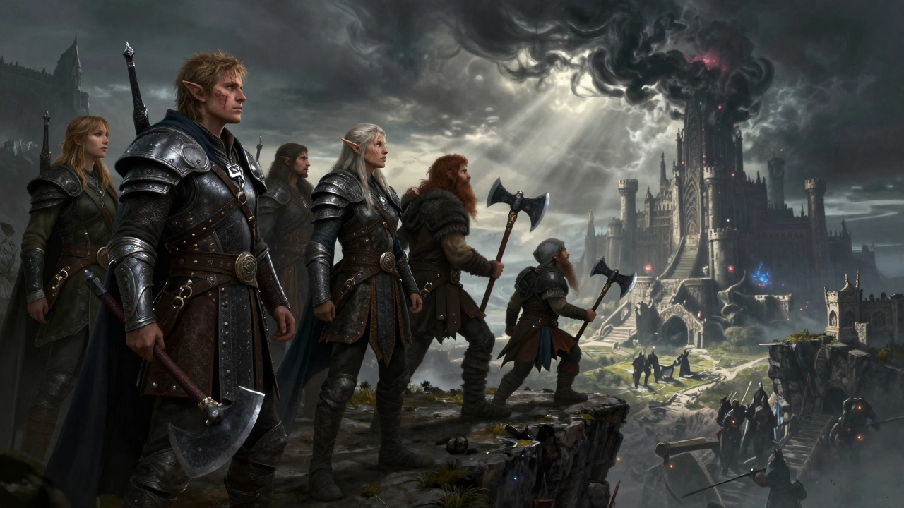 Diverse group of fantasy heroes looking out at a dark, war-torn fortress
