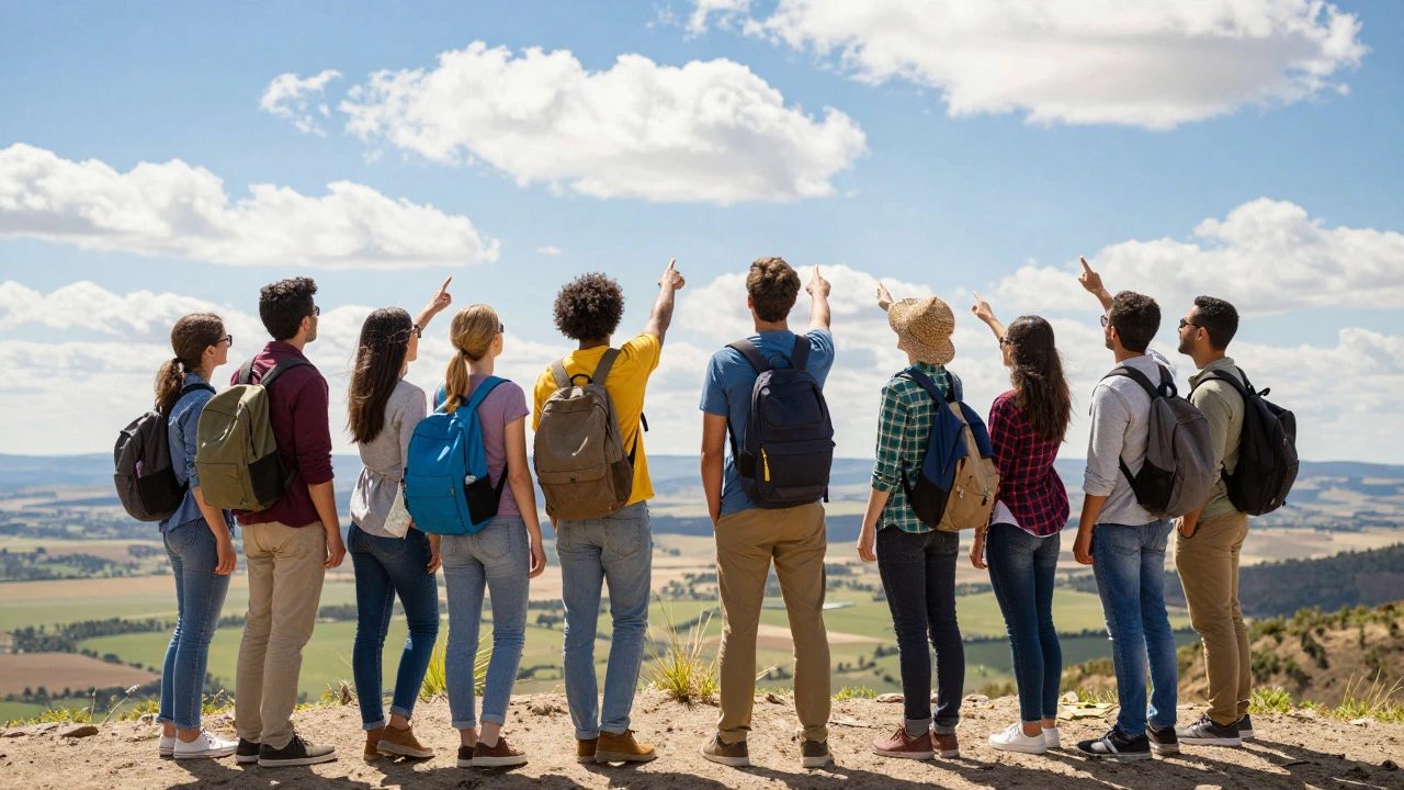 Diverse group of people inspiring each other on a sunny mountain peak