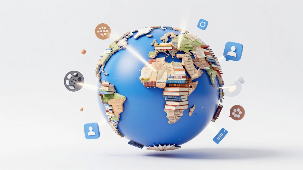 Globe made of books connected by light beams across continents
