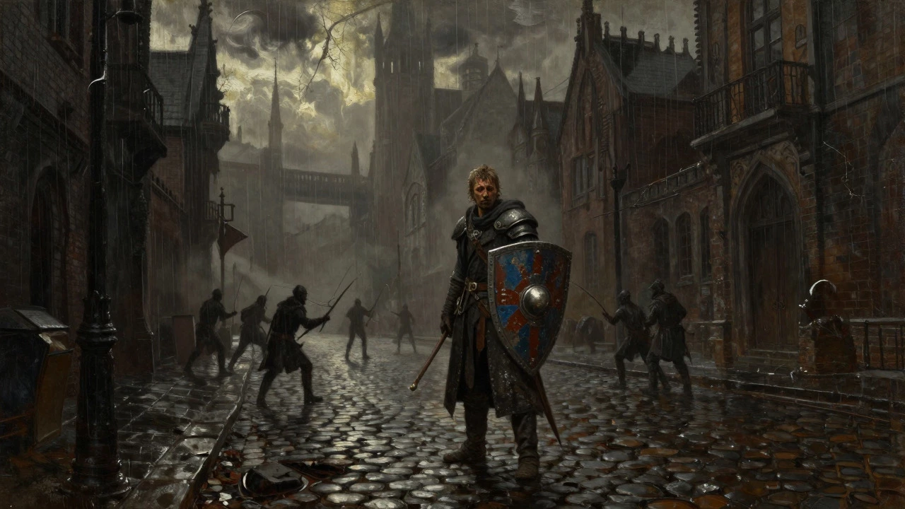 Grimdark fantasy warrior standing in a rainy, gothic cityscape