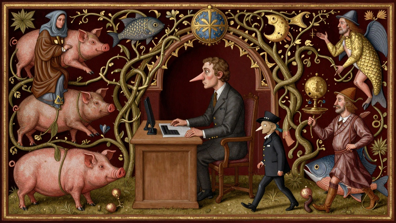 Medieval-style illustration of a man's nose walking away as a bureaucrat