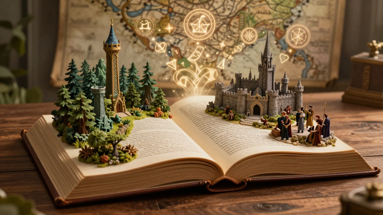 Open book transforming into a 3D landscape of forests and castles with magic