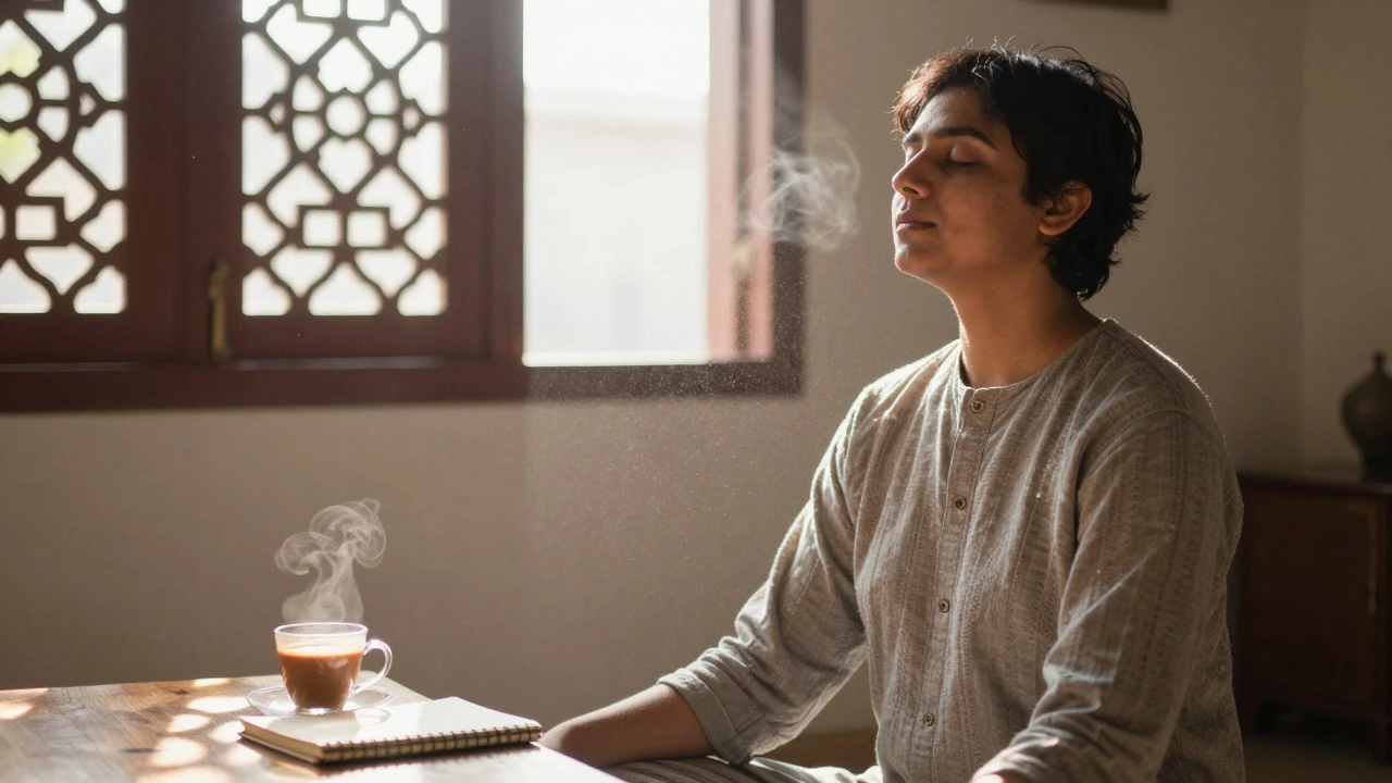 Person meditating in sunlit room with traditional window patterns, notebook and chai nearby.