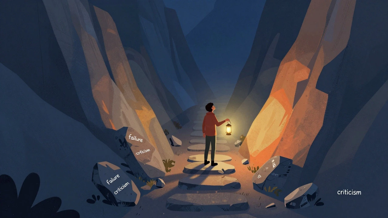 Person using failure as stepping stones to climb a mountain of challenges