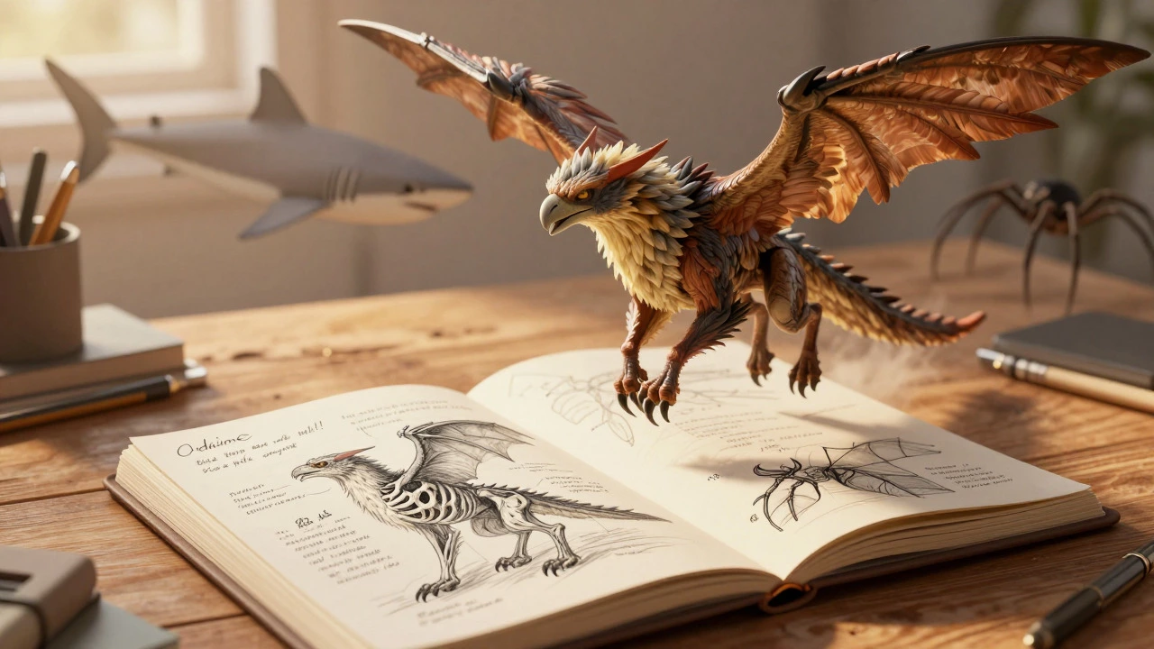 Sketchbook with creature anatomy diagrams and a hovering 3D fantasy beast