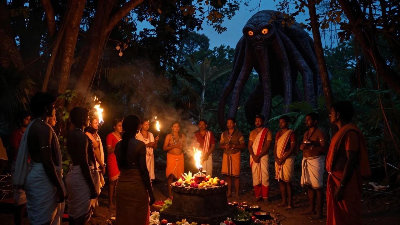 Villagers offering gifts to a multi-necked monster watching from jungle shadows