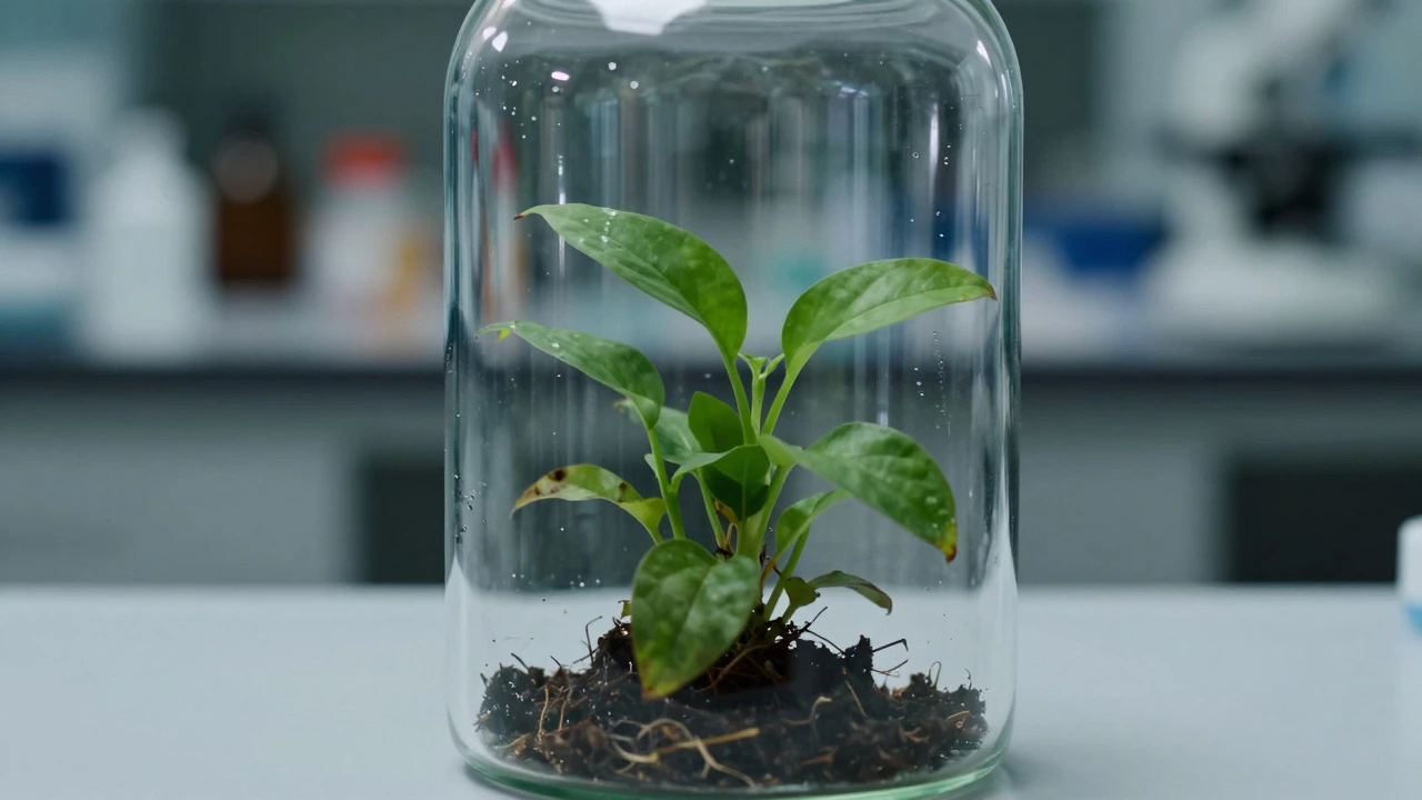 A wilting plant trapped inside a glass bell jar on a lab bench