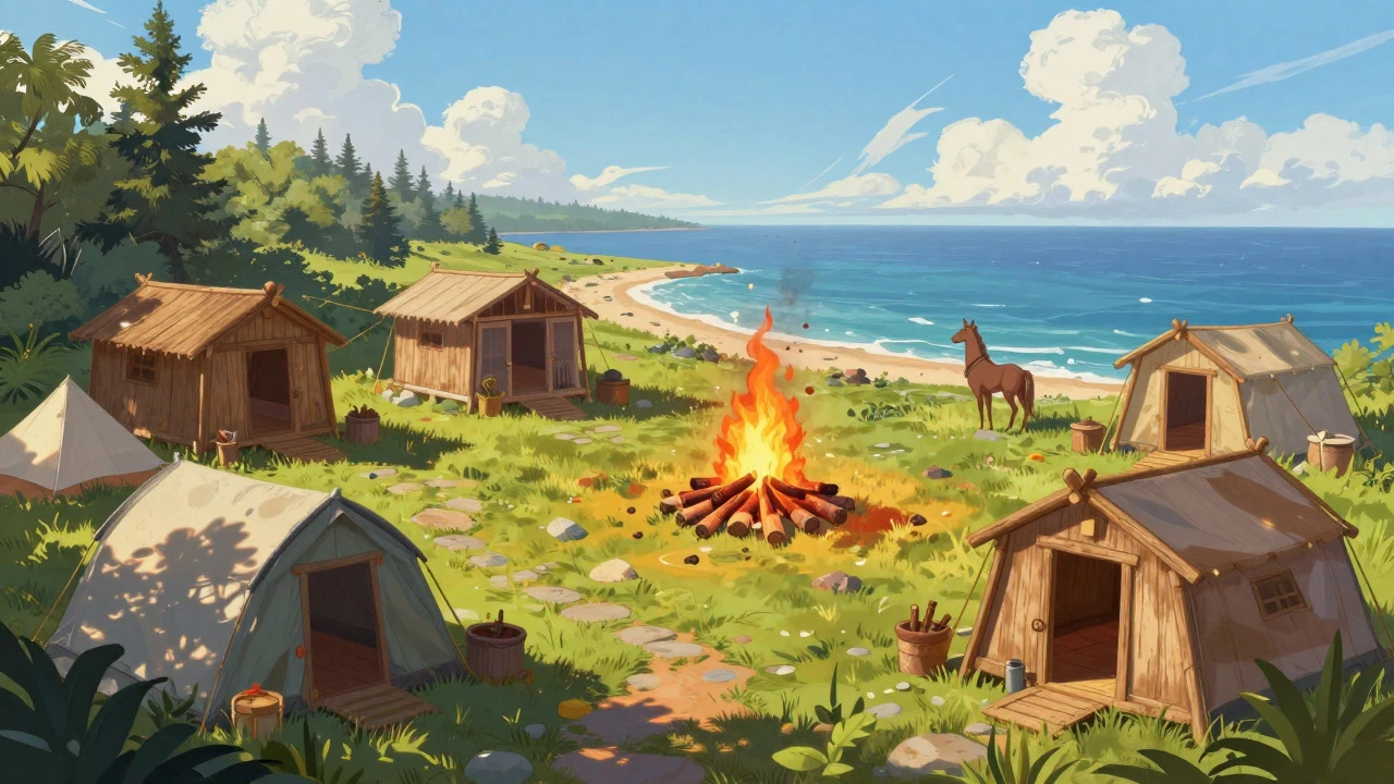 Camp Half-Blood cabins by the sea with a centaur