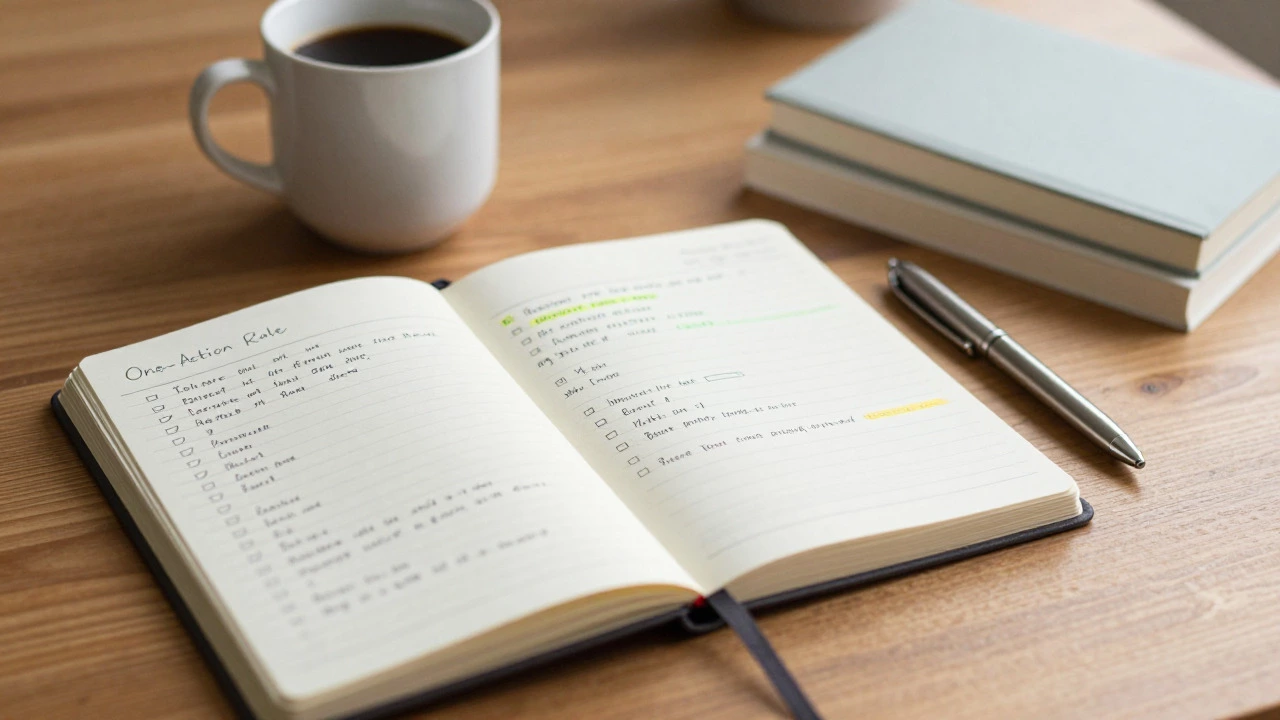 Close-up of a notebook with handwritten plans and a book on a desk
