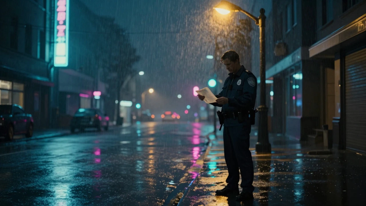 Detective standing in rain under a streetlamp holding a dissolving clue