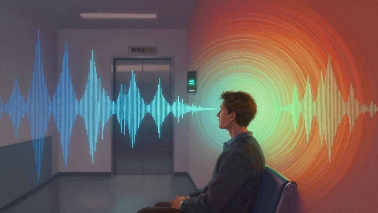 Illustration of a person focusing on sounds while abstract noise swirls fade away