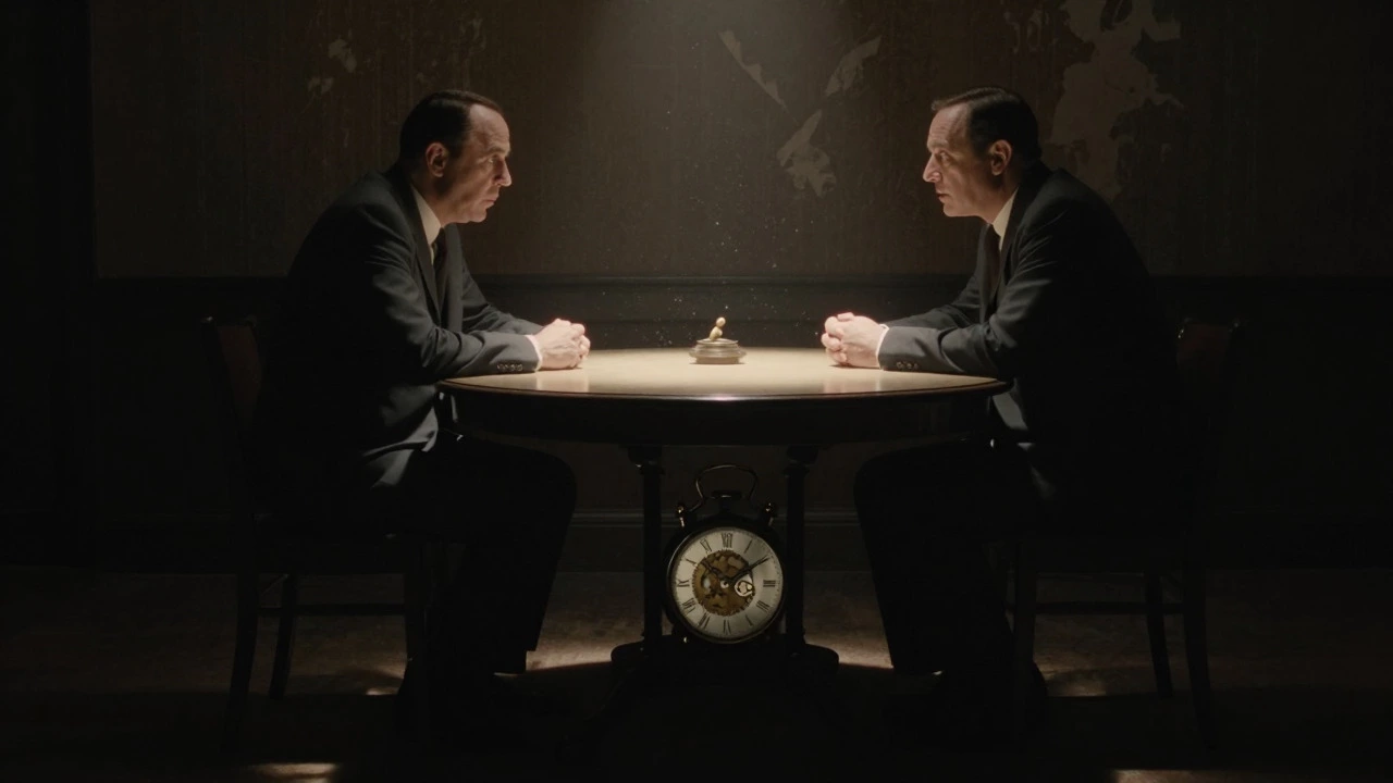 Noir scene showing a ticking clock under a table while people talk above