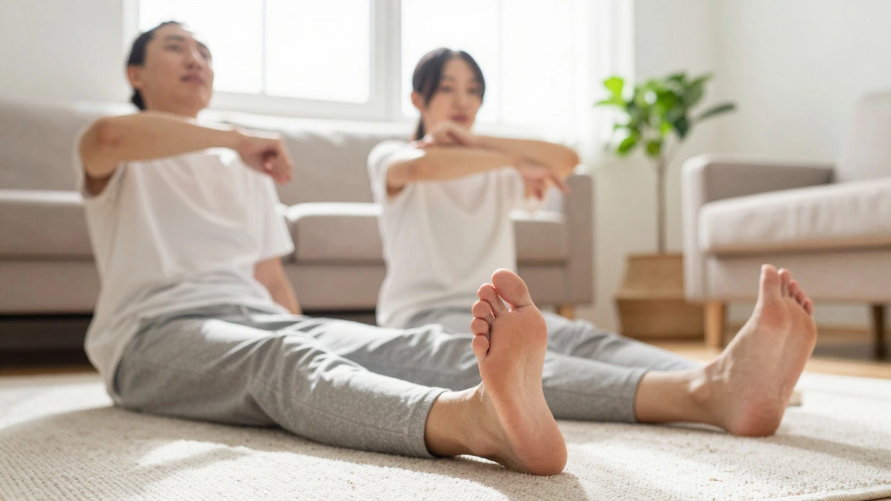 Person relaxing in a sunlit room performing simple body movements for calm