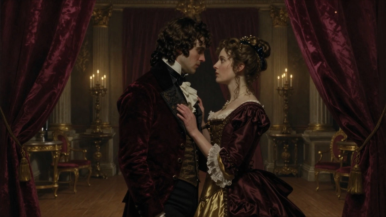 Regency era couple sharing tense, romantic glance in ballroom