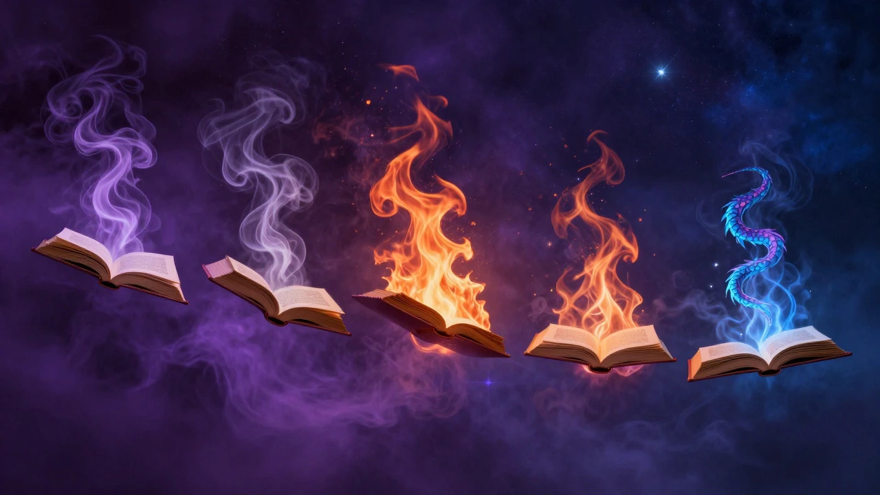 Surreal art of books transforming into fire and magic