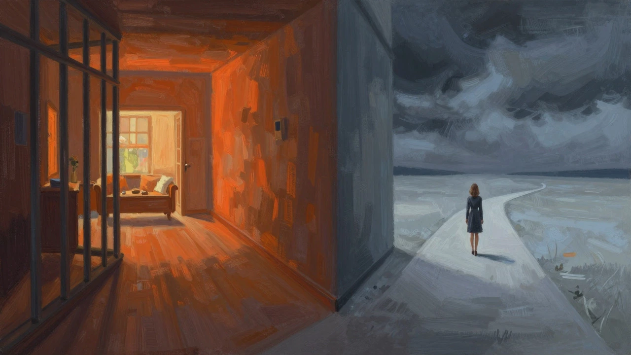Surreal art showing a woman facing two diverging life paths