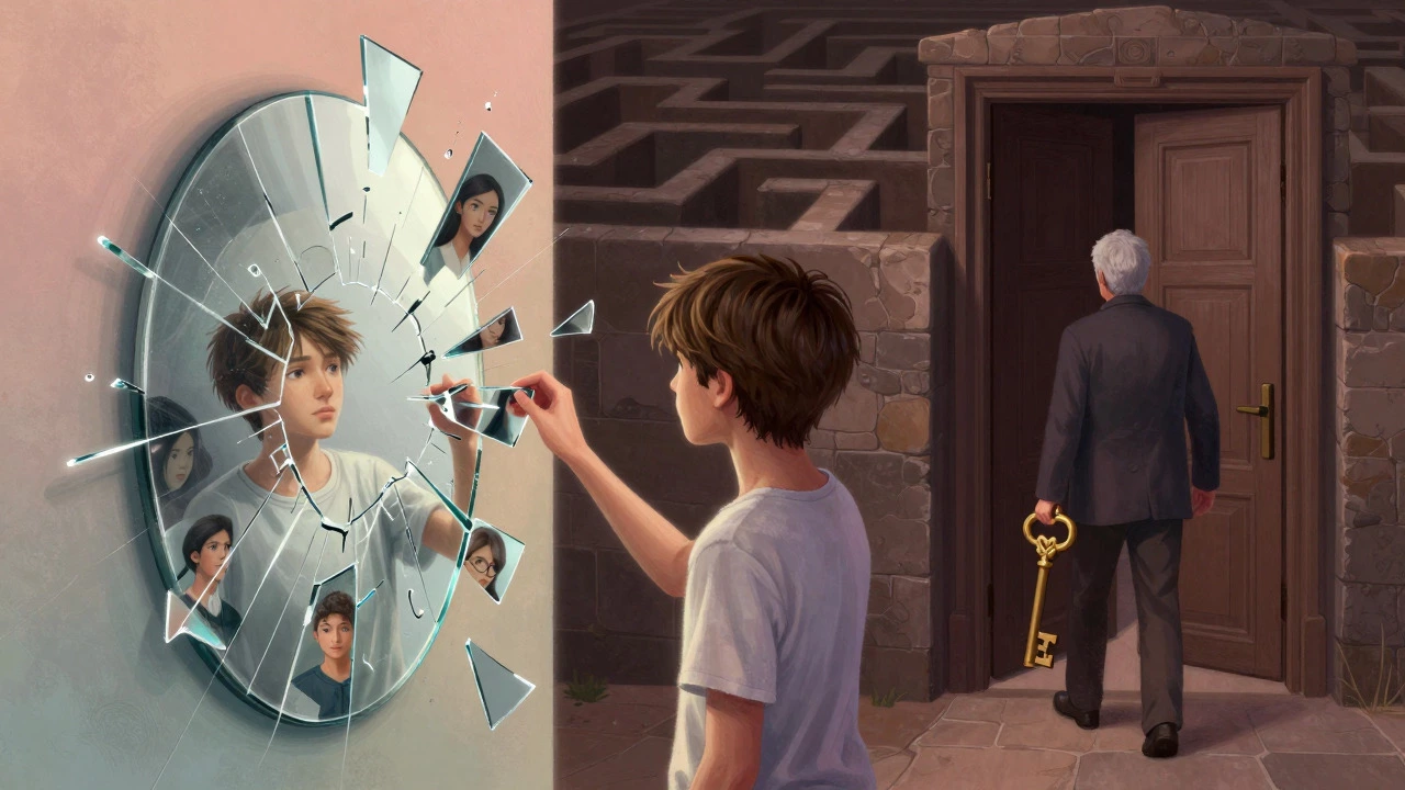 Surreal art showing teen identity formation vs adult consequences