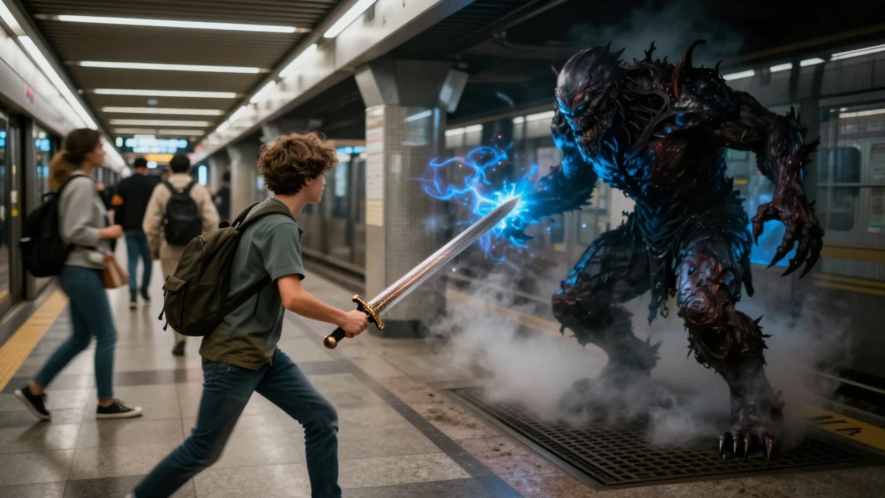 Teenager fighting a monster in a busy subway station