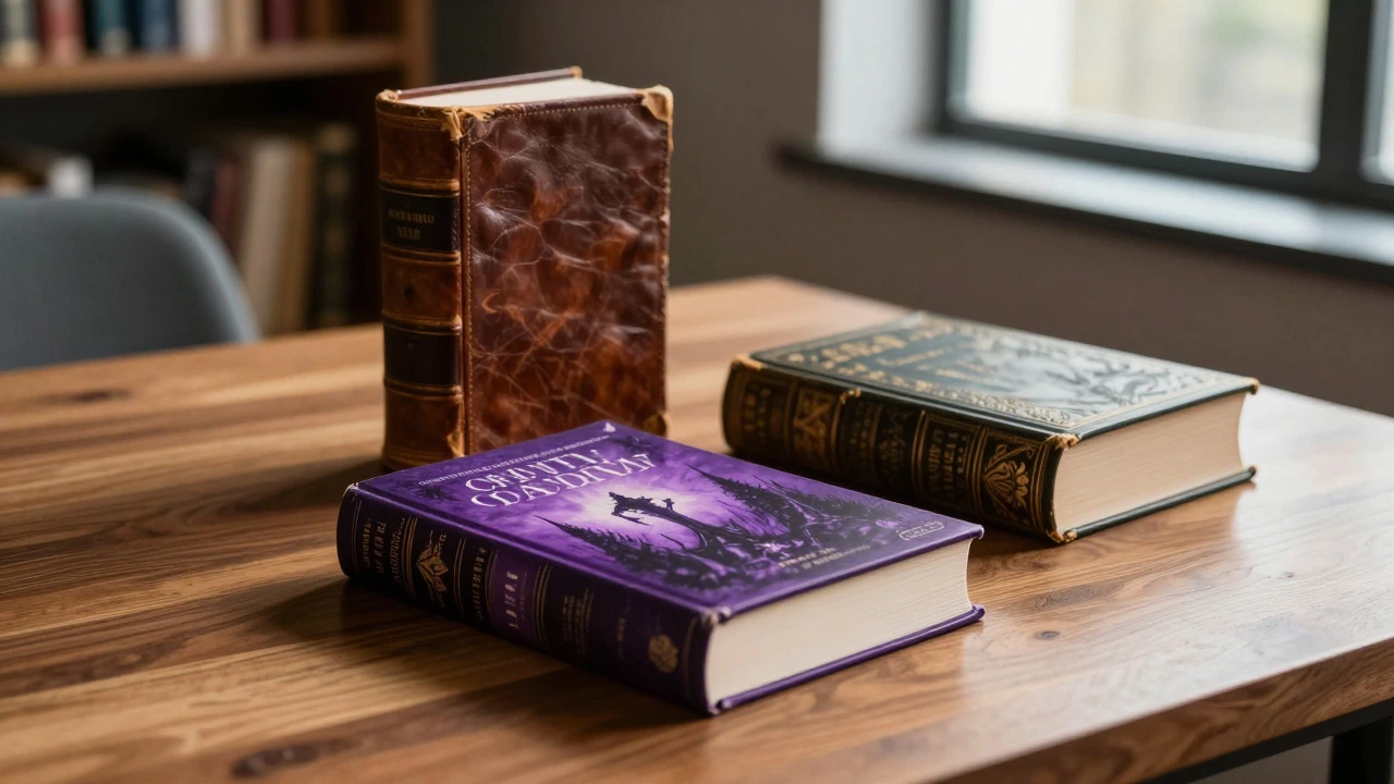 Three books of different eras displayed on a wooden table in a library