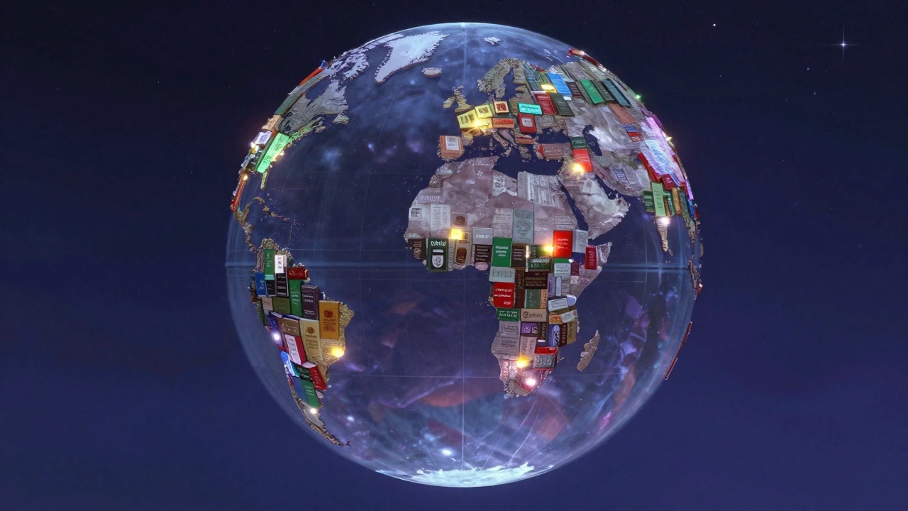 Translucent globe filled with colorful book spines representing global languages