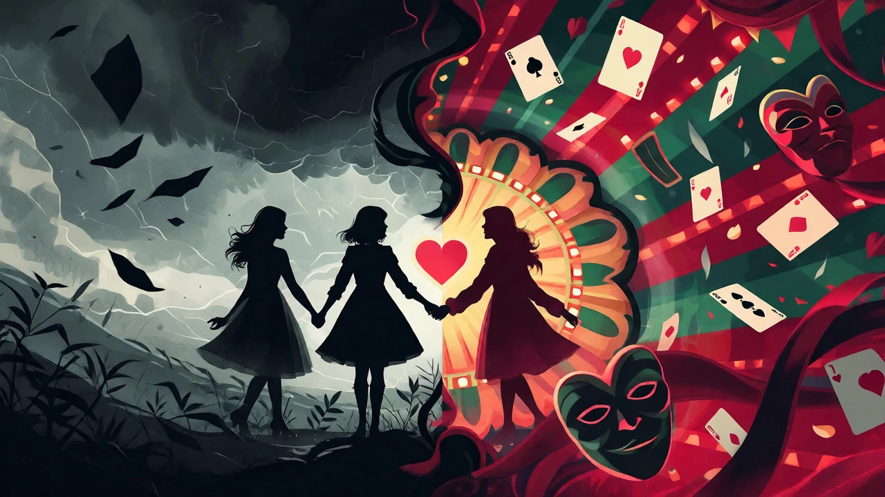 Artistic split scene contrasting dark family secrets with a vibrant magical carnival world.