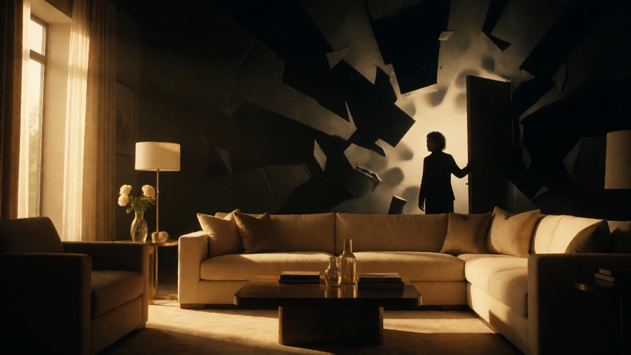 Character standing between a bright room and dark chaos represents genre shifts