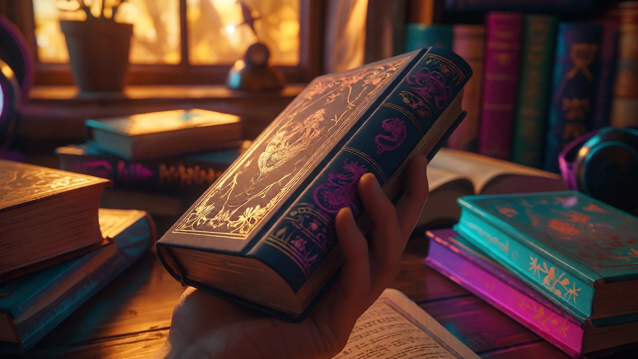 Close-up of a fantasy romance novel with detailed cover