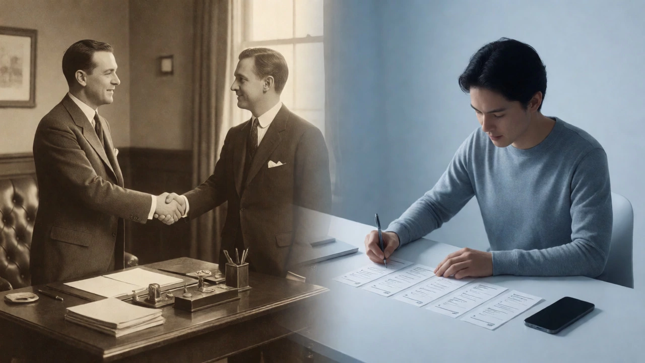 Conceptual split image contrasting 1930s social interactions with modern habit-building systems.
