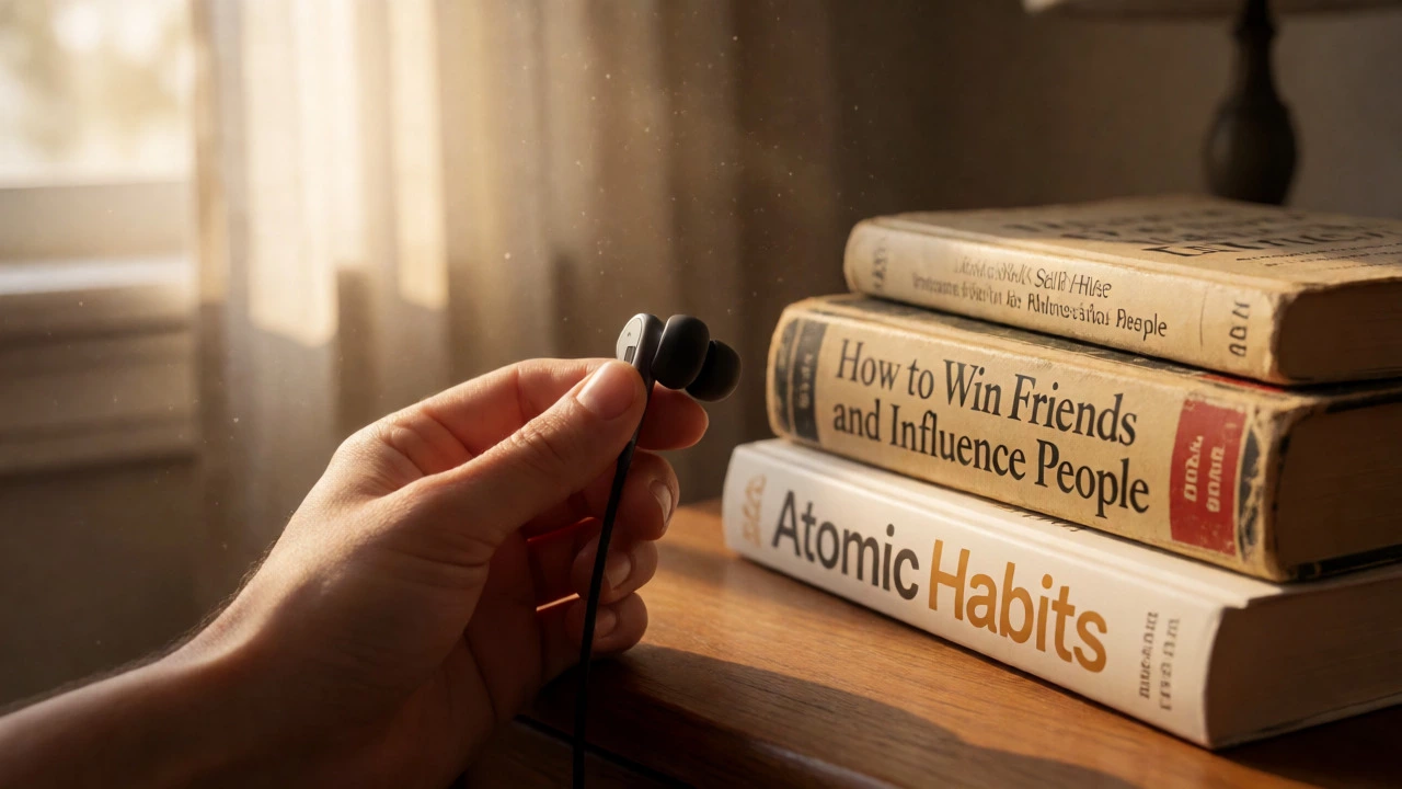 Hand holding earbuds next to stacked self-help books on a sunlit nightstand.