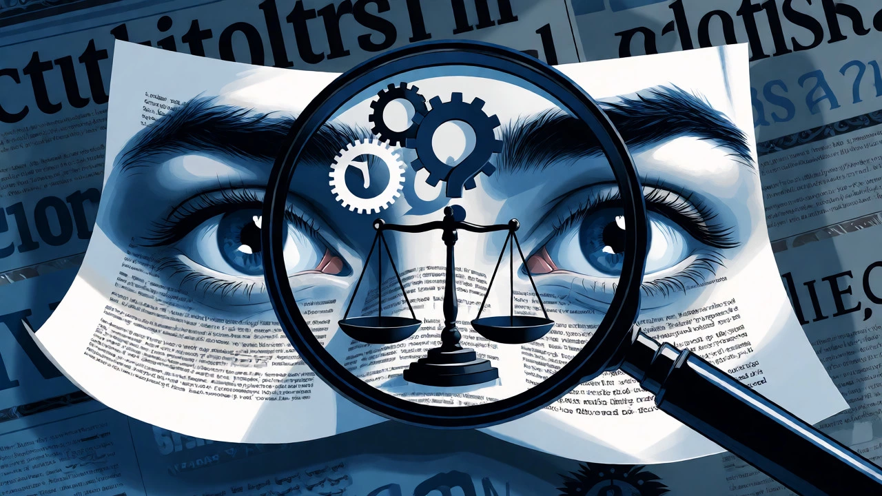 Magnifying glass revealing logical structures within text pages.