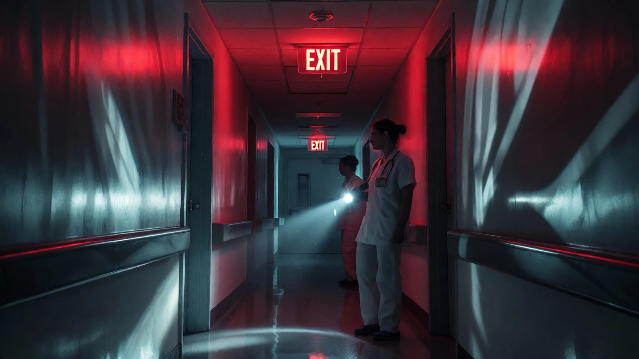 Nurses with flashlights in a dark, shadowy hospital corridor during blackout.