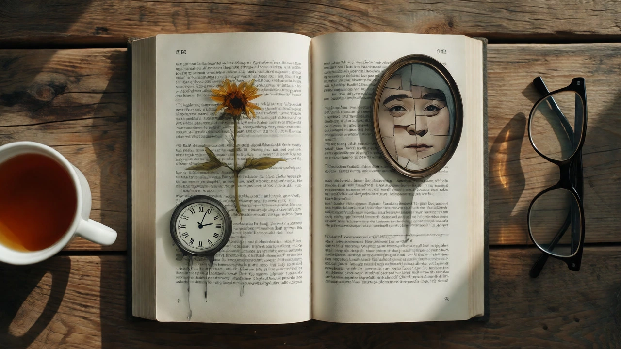 Open book with symbolic imagery floating above the pages