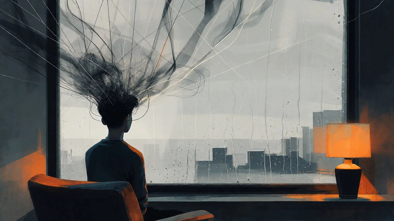 Person staring out a rainy window with abstract thought patterns
