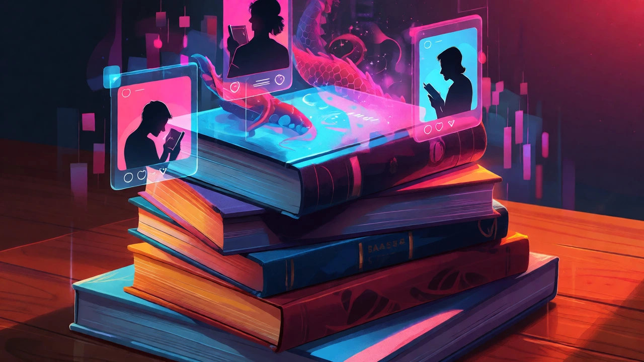 Romance books surrounded by digital social media overlays
