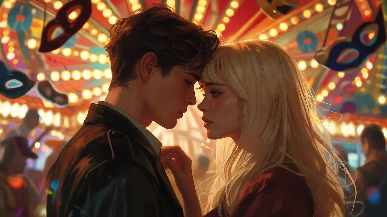 Scarlet and Donatella sharing an intimate, tense moment amidst blurred carnival lights.