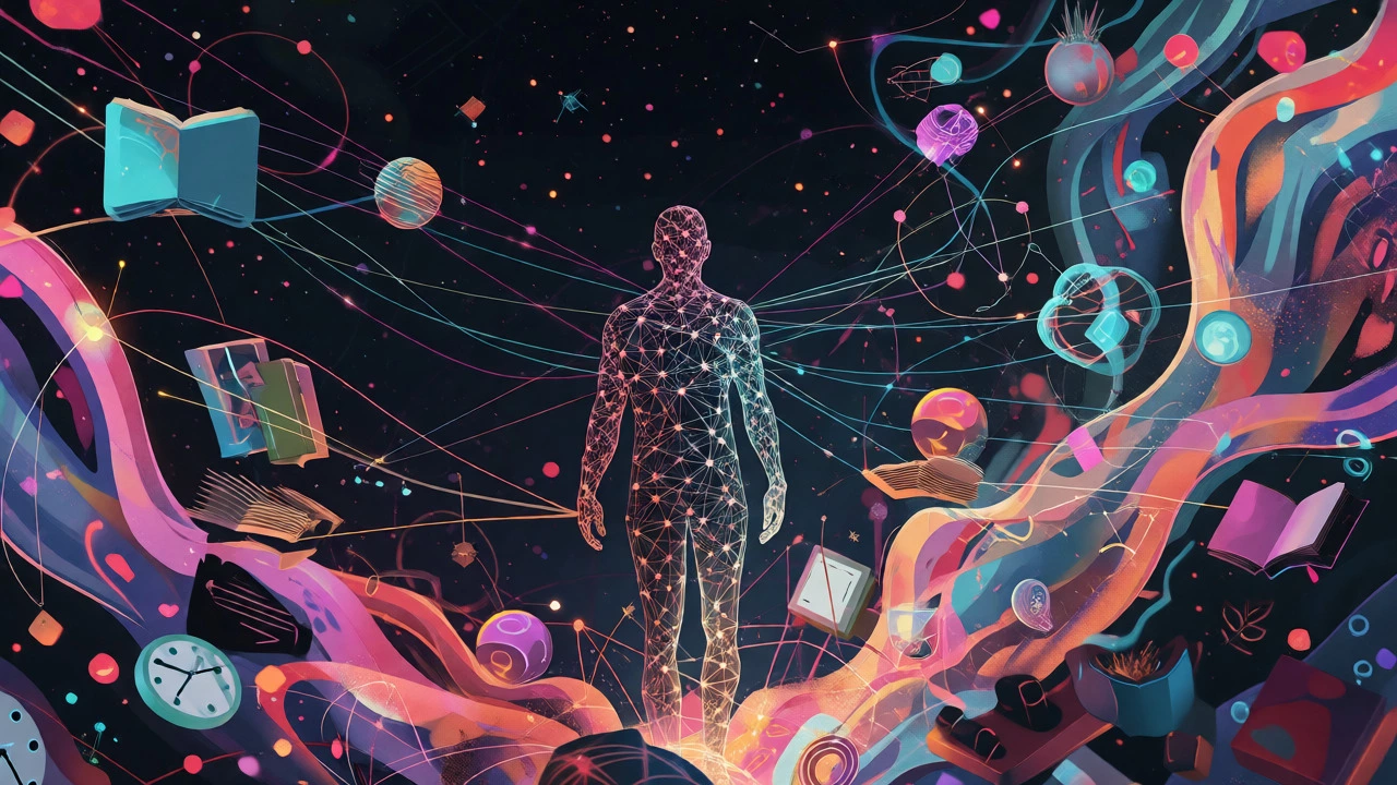 Silhouette connected by glowing lines to various knowledge symbols.