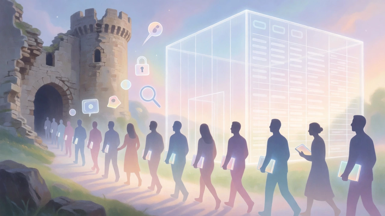 Silhouettes migrating from crumbling digital fortress to minimalist light structure