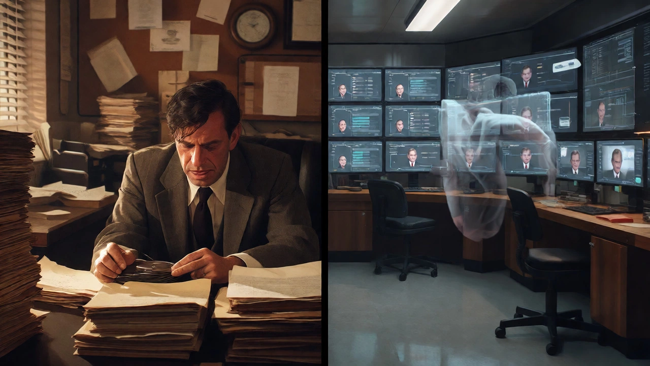 Split view of 1990s detective and modern digital surveillance investigation.