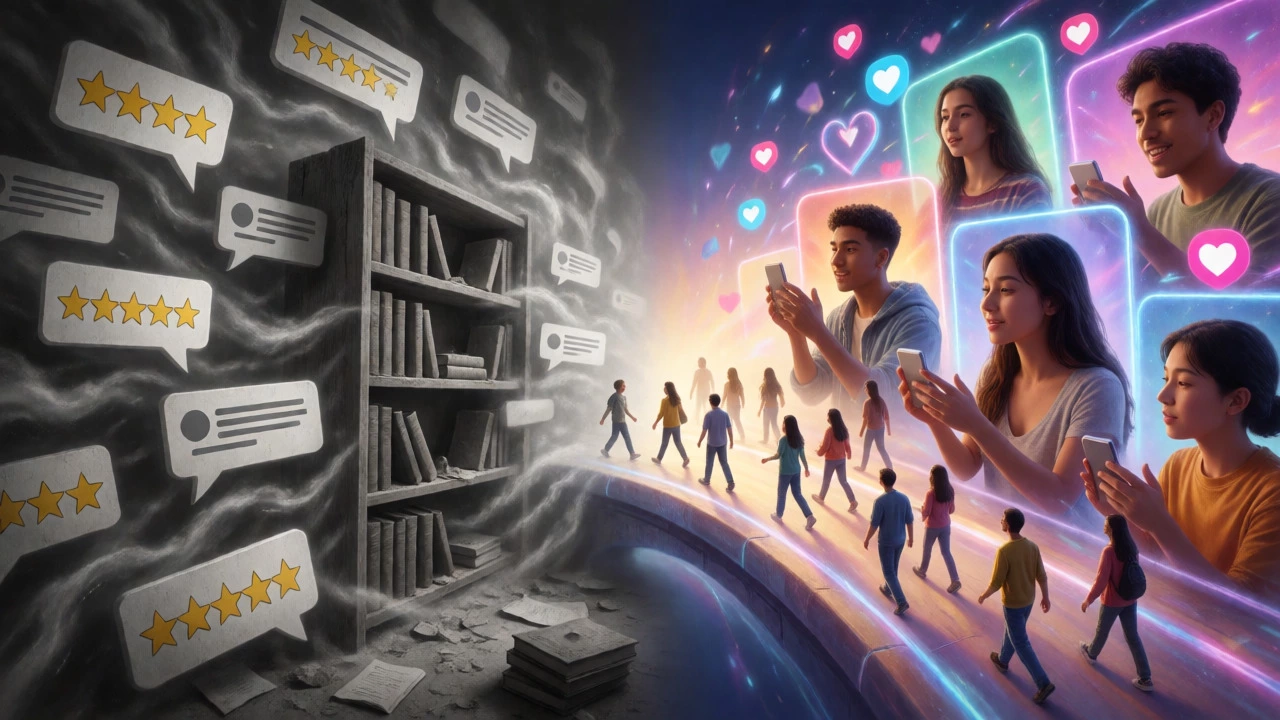Split view showing toxic reviews versus vibrant community book discovery