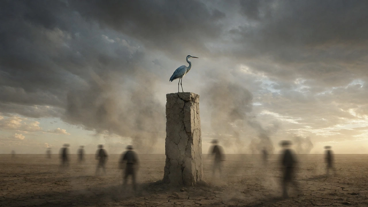 A heron on a pillar in a desert symbolizing the broken American Dream