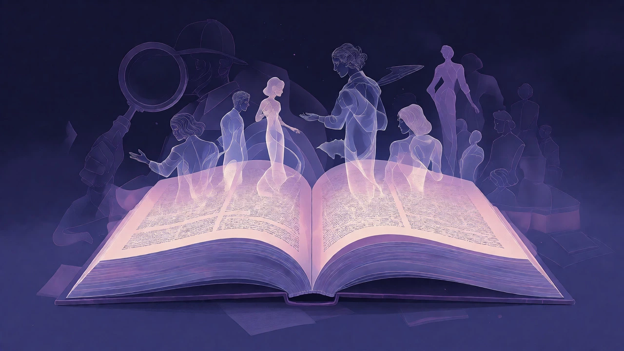 Abstract art showing characters emerging from a book, transcending genres