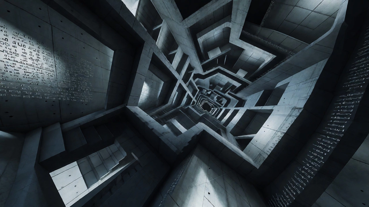 An impossible, twisting architectural interior with distorted perspectives and wall patterns, reflecting the disorientation of House of Leaves.