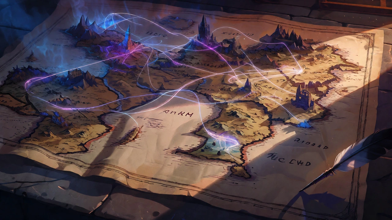 Ancient fantasy map with glowing plot lines and miniature armies